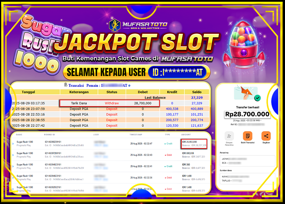MUFASATOTO JACKPOT PRAGMATICPLAYRp28.700.000LUNAS